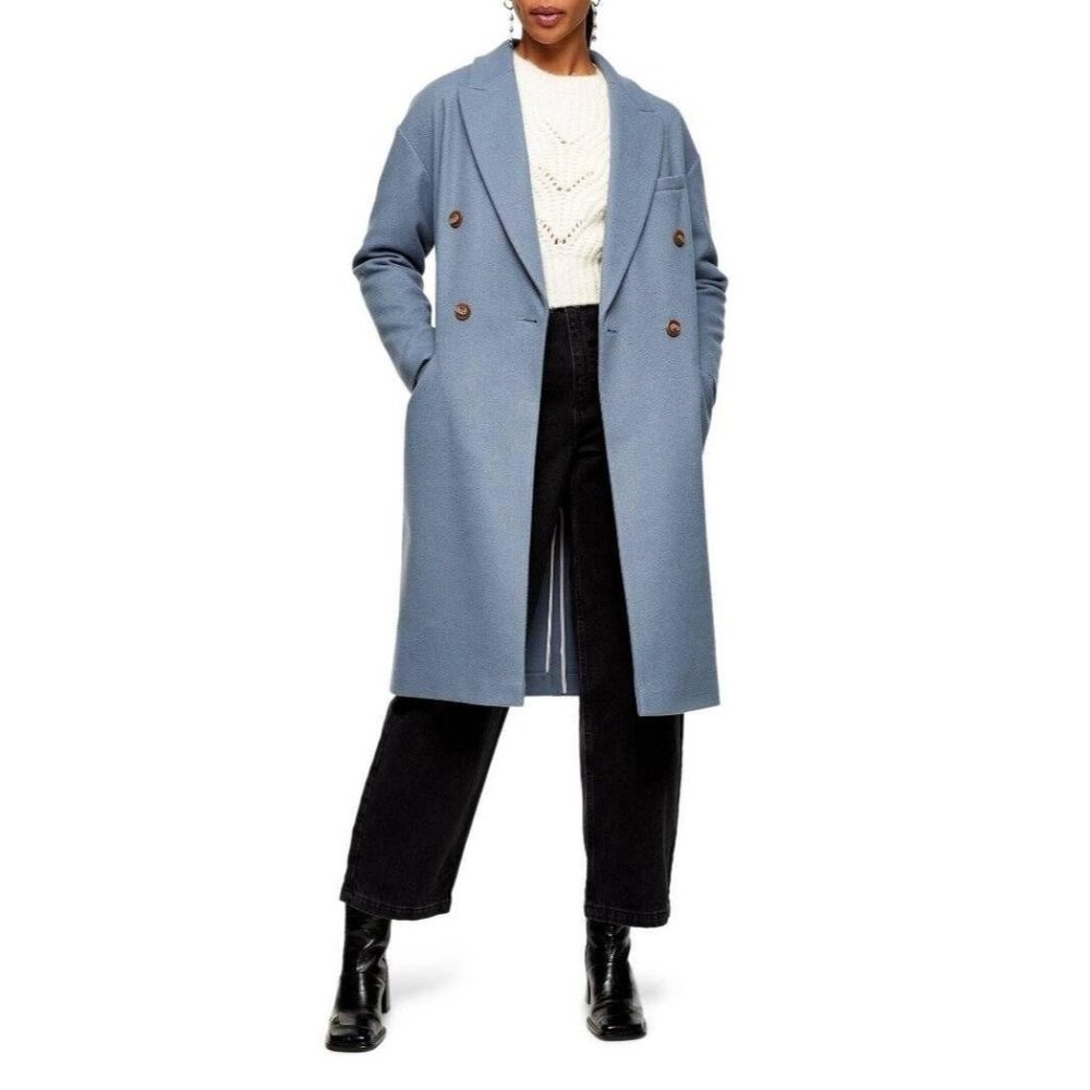 🆕 TOPSHOP Brooke Double Breasted Long Coat Blue 12